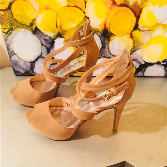 Modesta Ann High Heels-Camel Faux Suede-Open toe - Picture 6 of 8
